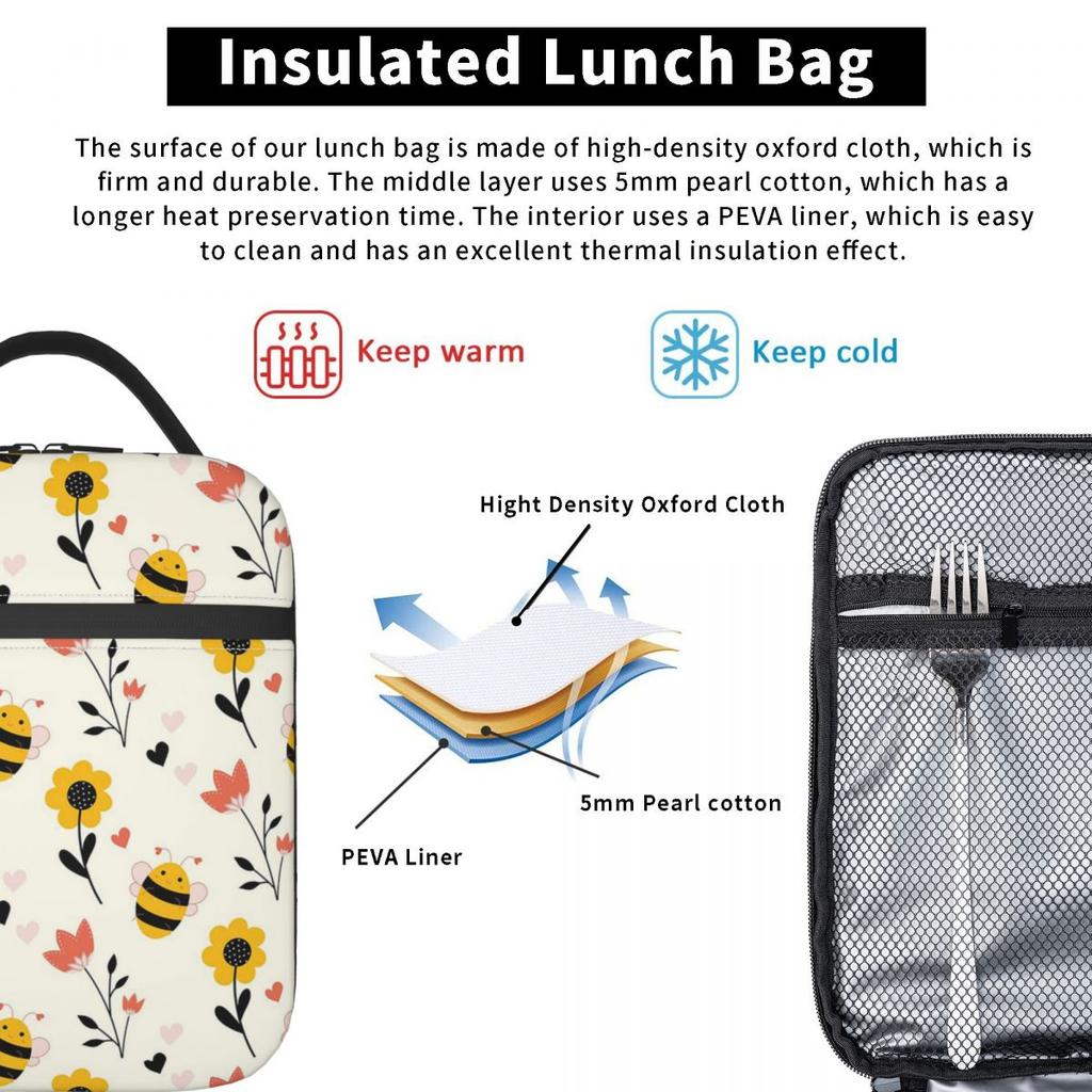 Das Muster von Bienen beim Blumenpflücken Isolierte Lunchtasche für Damen Kinder Tragbare Lebensmittelboxen Thermische Lunchbox Tragetasche
