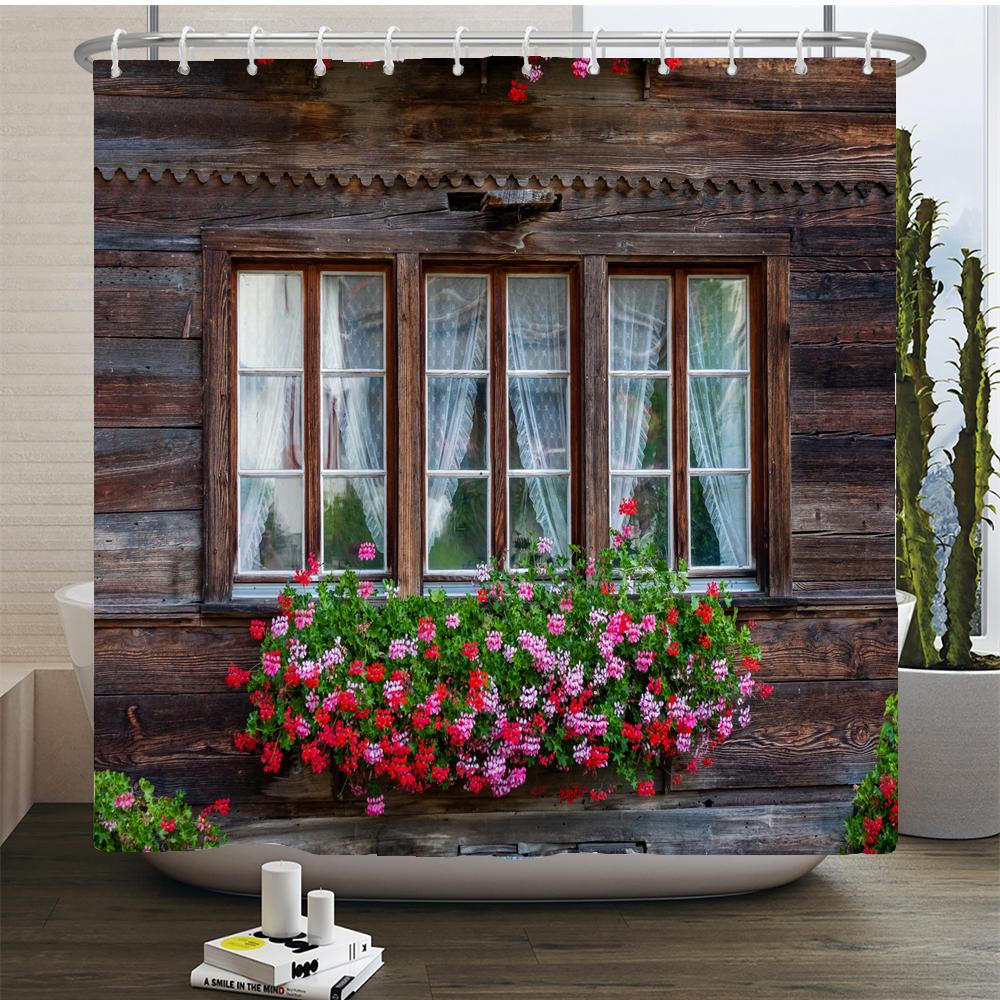 Flowers Scenery Waterproof Shower Curtains Rural Street Flowers Bathroom Curtains Polyester Fabric Washable Decor Bath Curtains