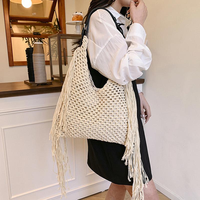 Yogodlns Fashion Long Tassel Shoulder Bag Thread Woven Women's Bag New Hollowed Out Handbag Summer Beach Vacation Bag
