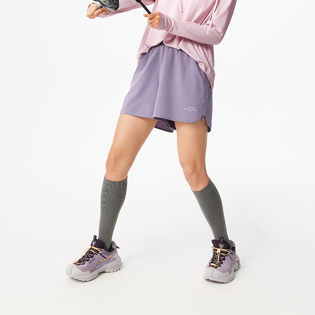 Li Ning Fitness Series Letter Mid Waist Drawstring Breathable Versatile Sports Shorts Women Shorts Dark-Gray Purple AKSV412-4