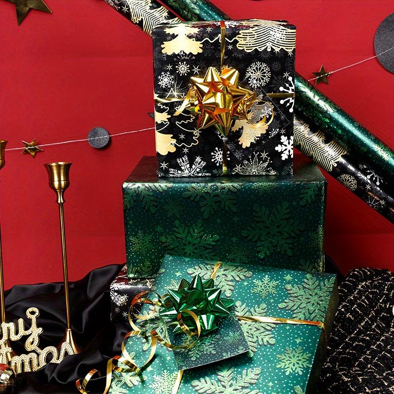 1 Roll Elegant Green & Golden Snowflake & Pine Leaf Wrapping Paper - Large Luxury Winter Gift Wrap Roll for Christmas