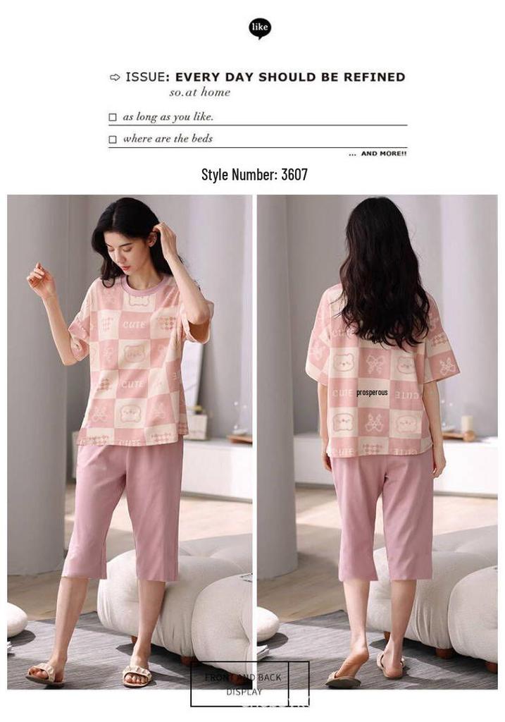 Women's Summer Pajama Set: Short-Sleeved Top and Seven-Point Pants, Cute and Loose, Perfect for Teenage Girls, Suitable for Home or Outdoor Wear.