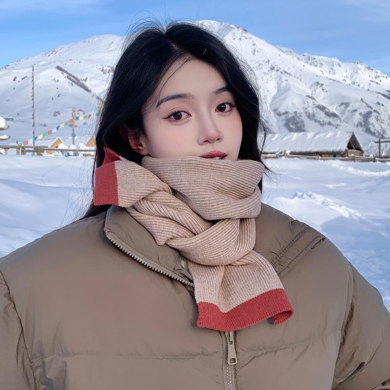 New Style Knitted Wool Long Scarf for Women Solid Color Border Thickened Versatile Winter Warm Neck Scarf