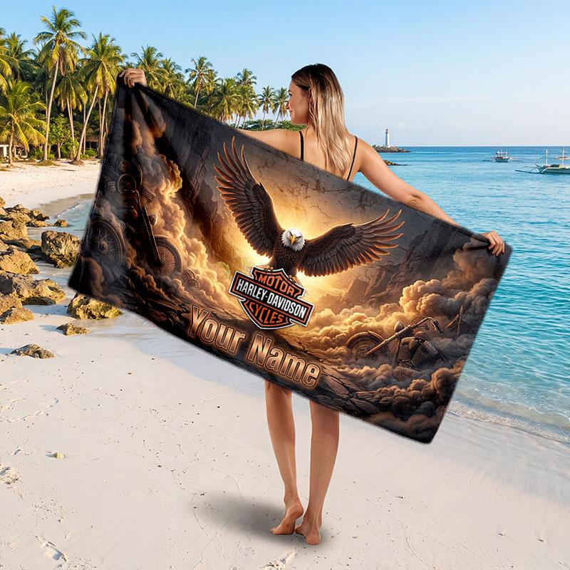 Asciugamano da Spiaggia Harley-Davidson con Testo Nome Personalizzato, Asciugamano Morbido Assorbente per Spiaggia Piscina Viaggio Regalo Personale