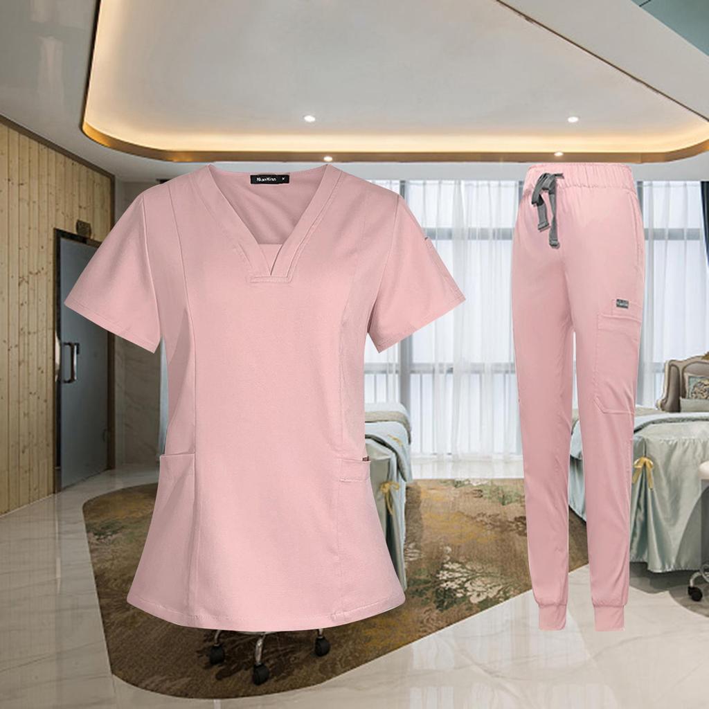 Female Scrub Set, V Neckline Machine Washable Beauty Parlour Comfortable with Multi Pockets Nurse