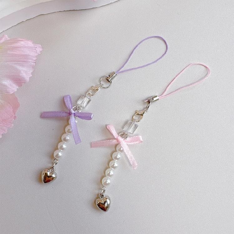 Fashion Bowknot Heart Bead Hanging Pendant Sweet Phone Strap Bag Decoration Portable Hanging Lanyard for Girls Women