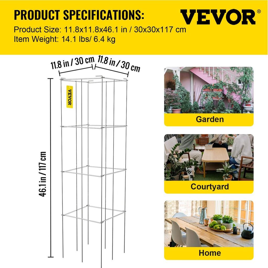 Tomato Cages, 11.8\" X 11.8\" X 46.1\", 5 Packs Square Plant Support Cages, Silver PVC-Coated Steel Tomato Towers for Climbing Vegetables, Plants,