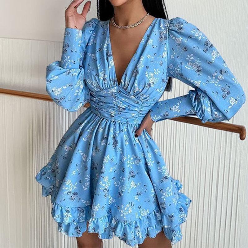 Spring 2026 European American Women's Fashion: Printed Long Sleeve Pleated Mini Skirt Backless Dress