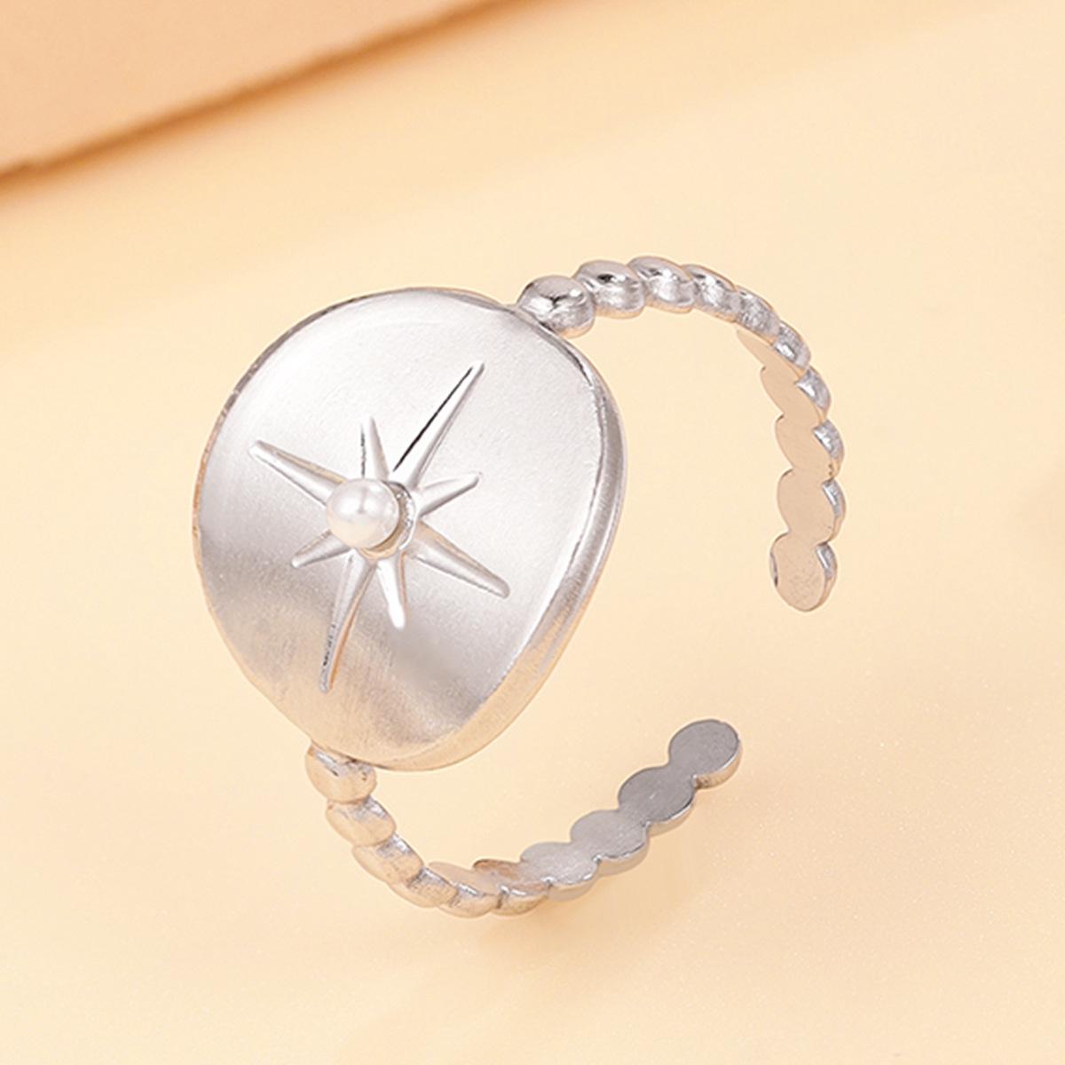 Retro Eight-Pointed Star Faux Pearl Adjustable Stainless Steel Ring