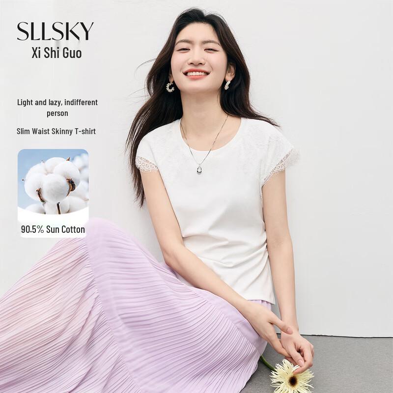 Women s Lace Patchwork Pleated Waist Short Sleeve T-Shirt L белый