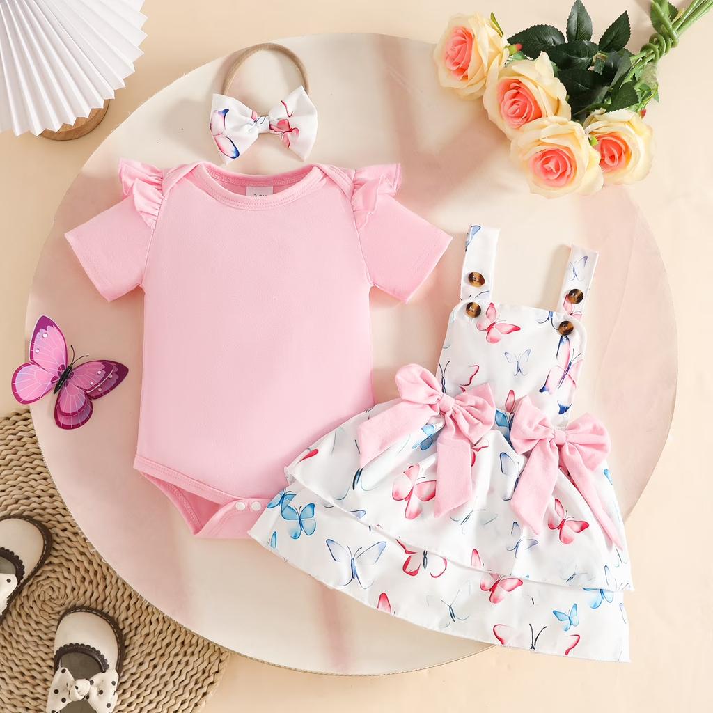 Baby Summer Outfit Set Girl Short Sleeve Bodysuit Romper Ladybug Print Dress with Bowknot Straps and Headband Infant Clothes