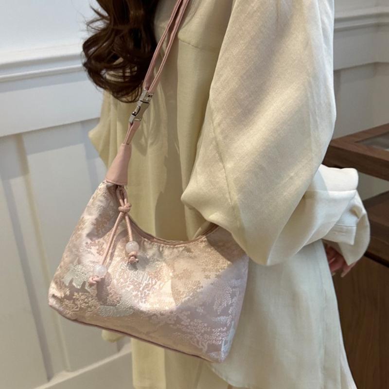 Sweet Embroidery Shoulder Bag Women Crossbody Bag with Pearl Pendant Fashion Handbag