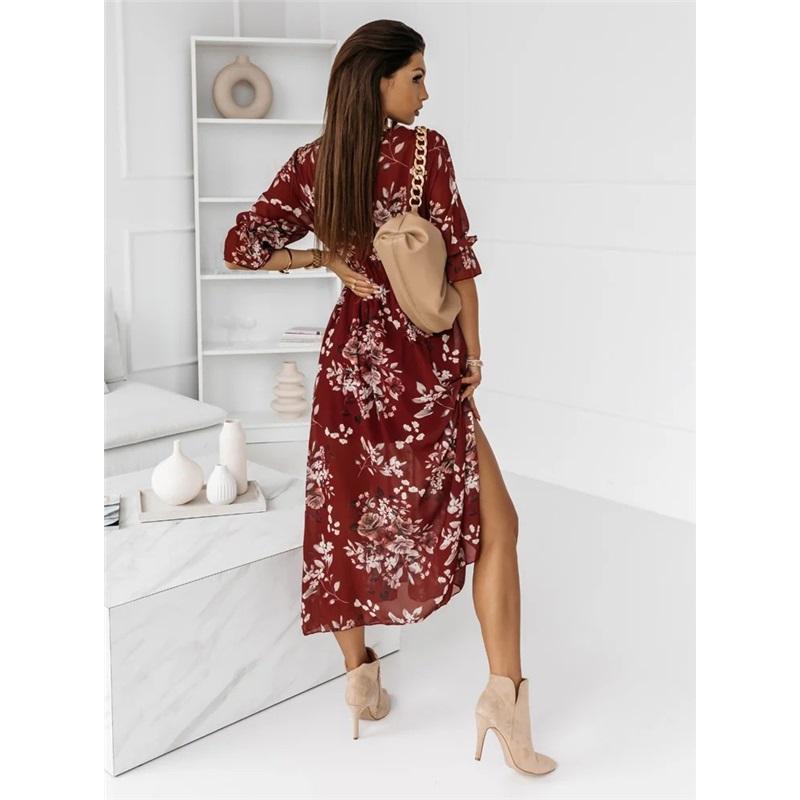 Women's Summer Dress Long Sleeve V-neck Side Slit Printed Long Dress
