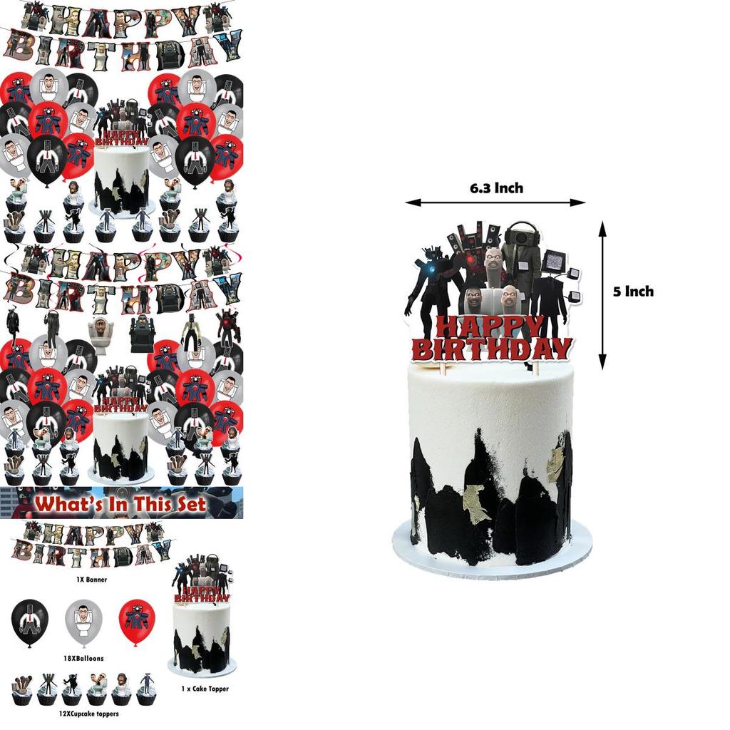 Skibidi Toilet Party Decoration Set Fun And Colorful Birthday Balloons Flags And Cake Toppers
