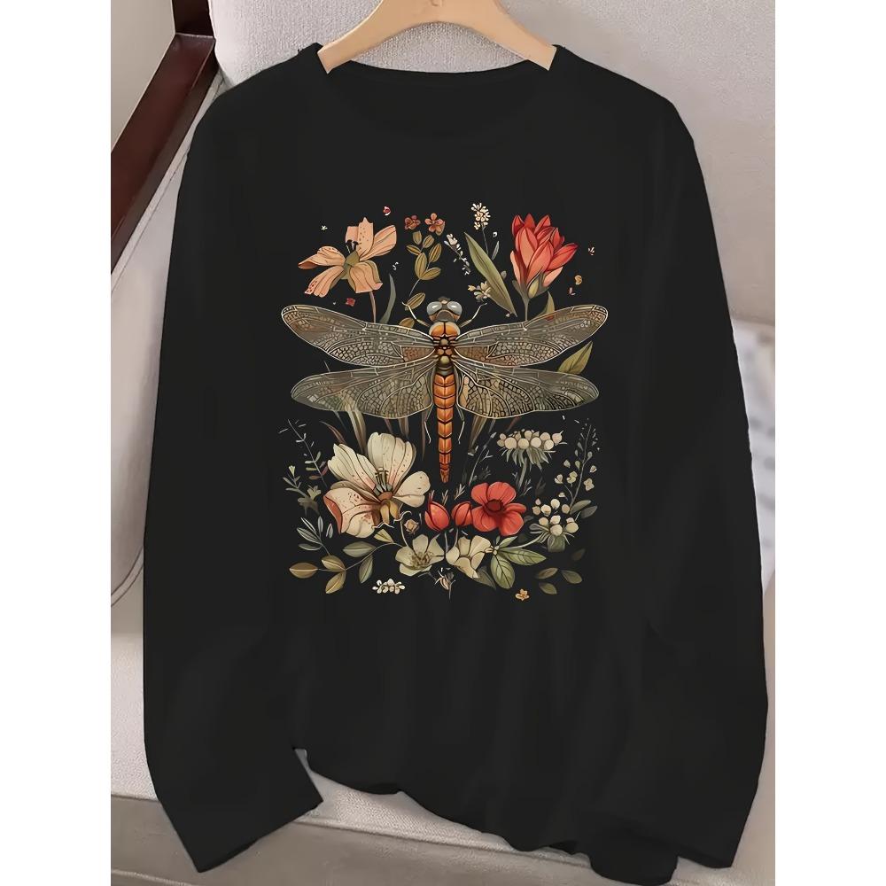 Women's 100% Cotton Long Sleeve T-Shirt Dragonfly Print round Neck Casual Fashion Top for Spring And Autumn