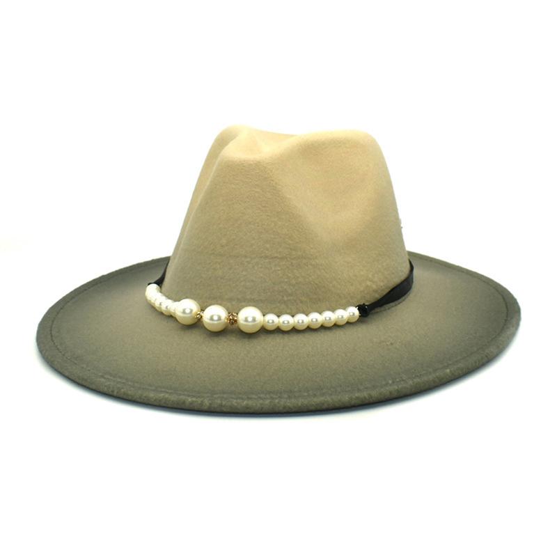 Women Men Fedora Hats Soft Wide Brim Jazz Hat Gradient Color Pearls Top Caps Autumn Church Panama Sombrero Caps Cowboy Hats