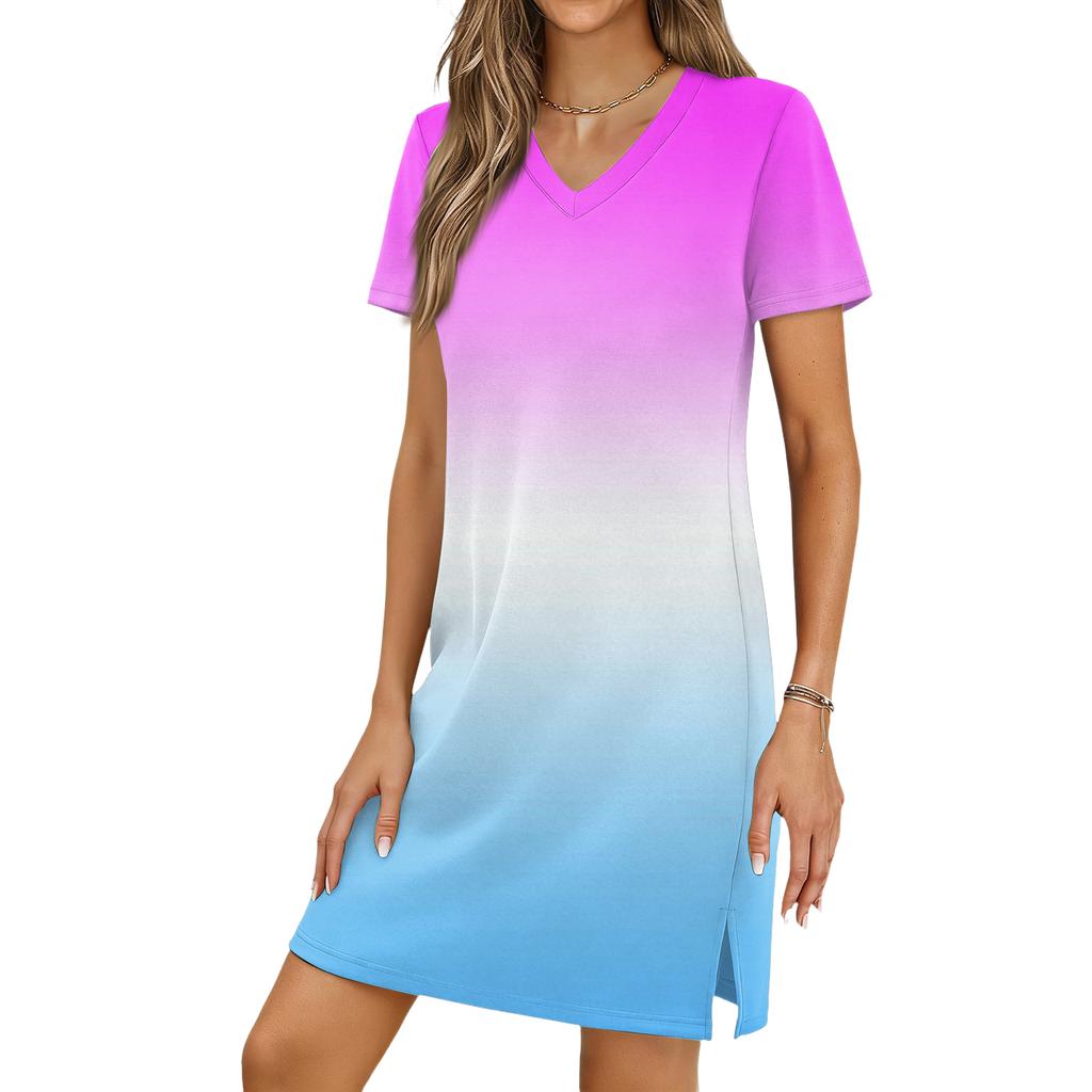 Women's Casual V-neck Short Sleeve Split Hem Gradient Dress