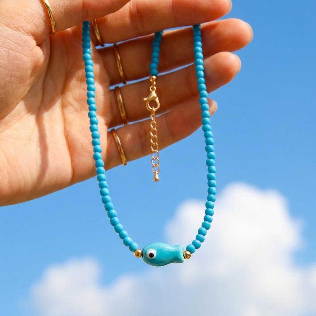Böhmische Keramikfisch-Halskette aus Reiskörnern für Damen, handgefertigt, bunter Perlen-Choker, Schmuckgeschenk für Sommer-Strandurlaubspartys