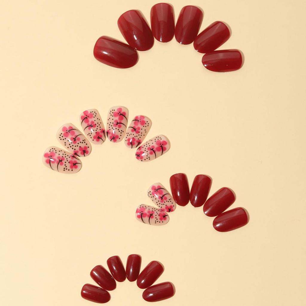 Cherry Blossom Wearable French False Nails - Removable Irregular Nail Art Patches