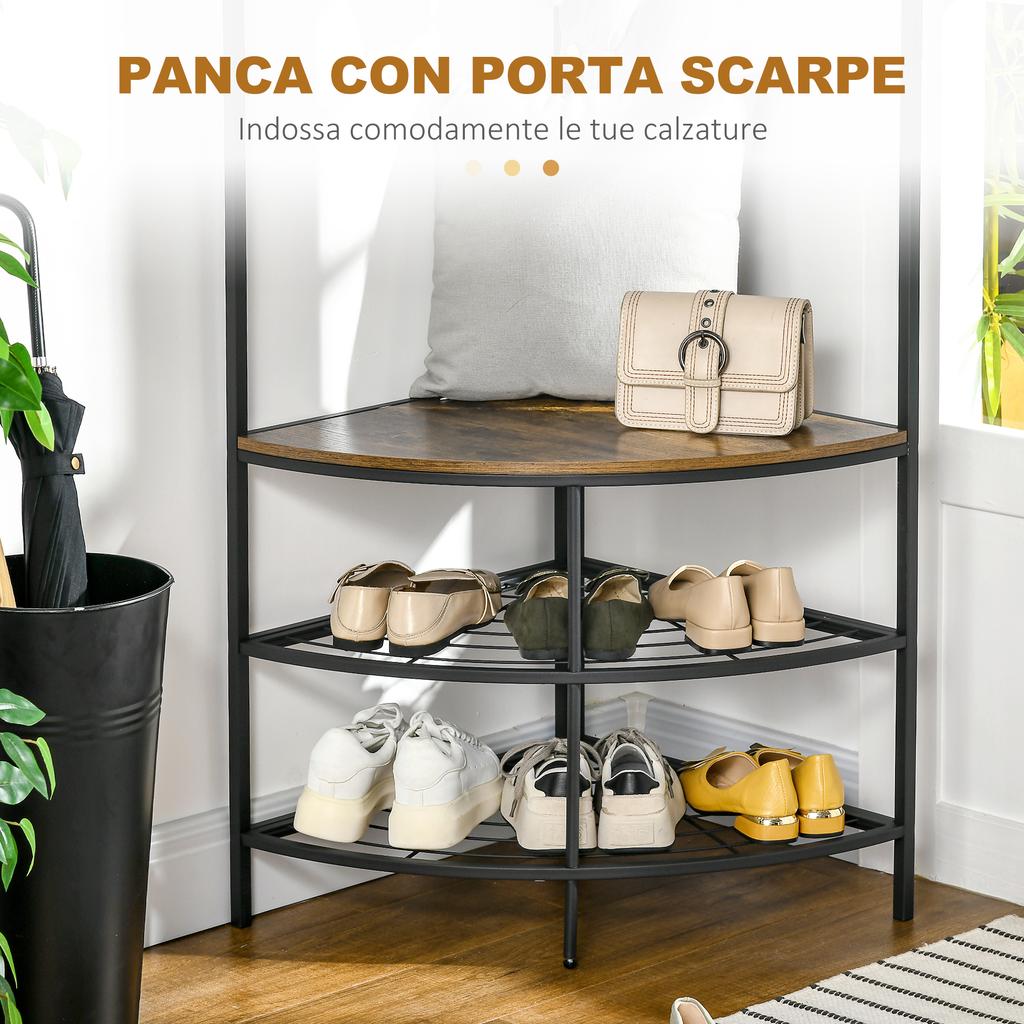 Corner Floor Coat Rack with Bench and Shoe Rack In Industrial Style, 50x50x183cm, Brown