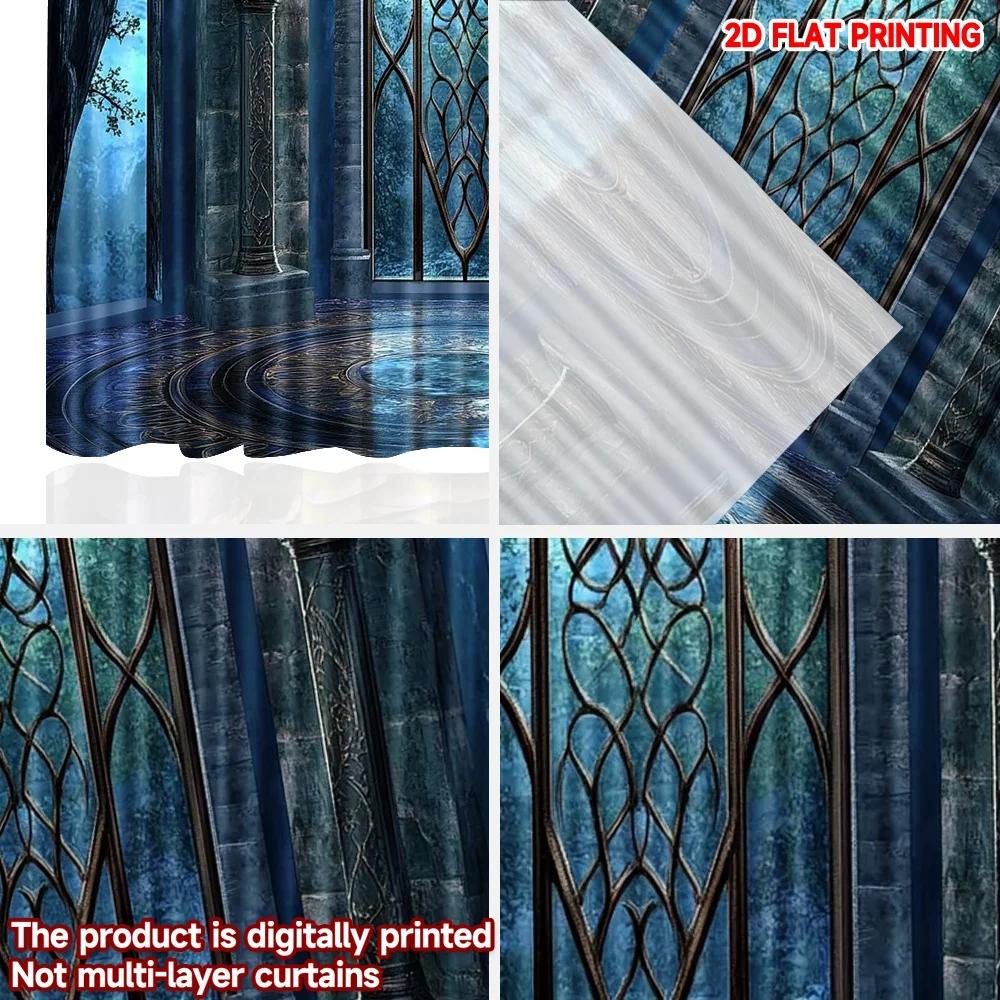 Set Of 2 Mystical Arch Window Curtains Enchanted Forest View Torchlight Ornate Floor Themed Bedroom Decor Curtain For Sleeping Area Made Polyester