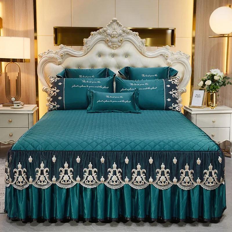 Fashion Lace Bed Skirt Home Decor Bedding Set Luxury Machine Washable Non Slip Embroidery Bedspreads for Queen/King Size Bed