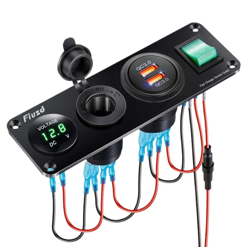 12V Marine Boat Lighter Socket Dual QC3.0 USB Power Outlet Panel LED Display Waterproof Car Charger