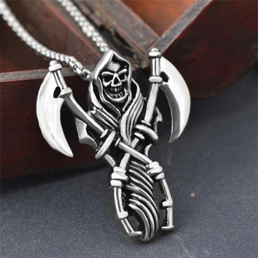 Collar Colgante de Acero Inoxidable de Santa Muerte con Dos Guadañas Hacha Nuestra Señora de la Santa Muerte Calavera Mexicana de la Parca Joyería
