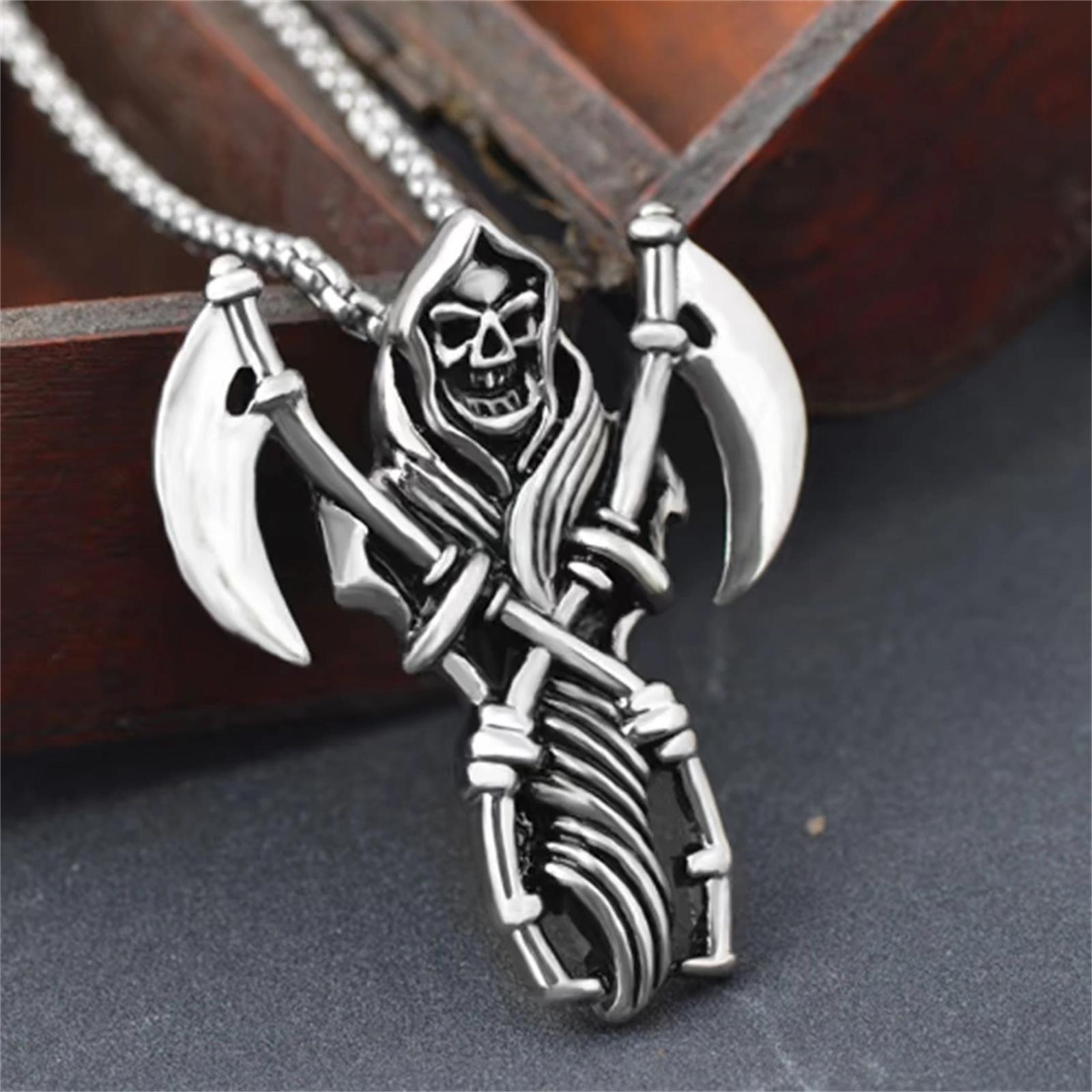 

Санта Муэртэ с двумя косами и топором, подвеска-ожерелье из нержавеющей стали, Наша Госпожа Святой Смерти, Мексиканский Жнец, Череп, Ювелирное изделие