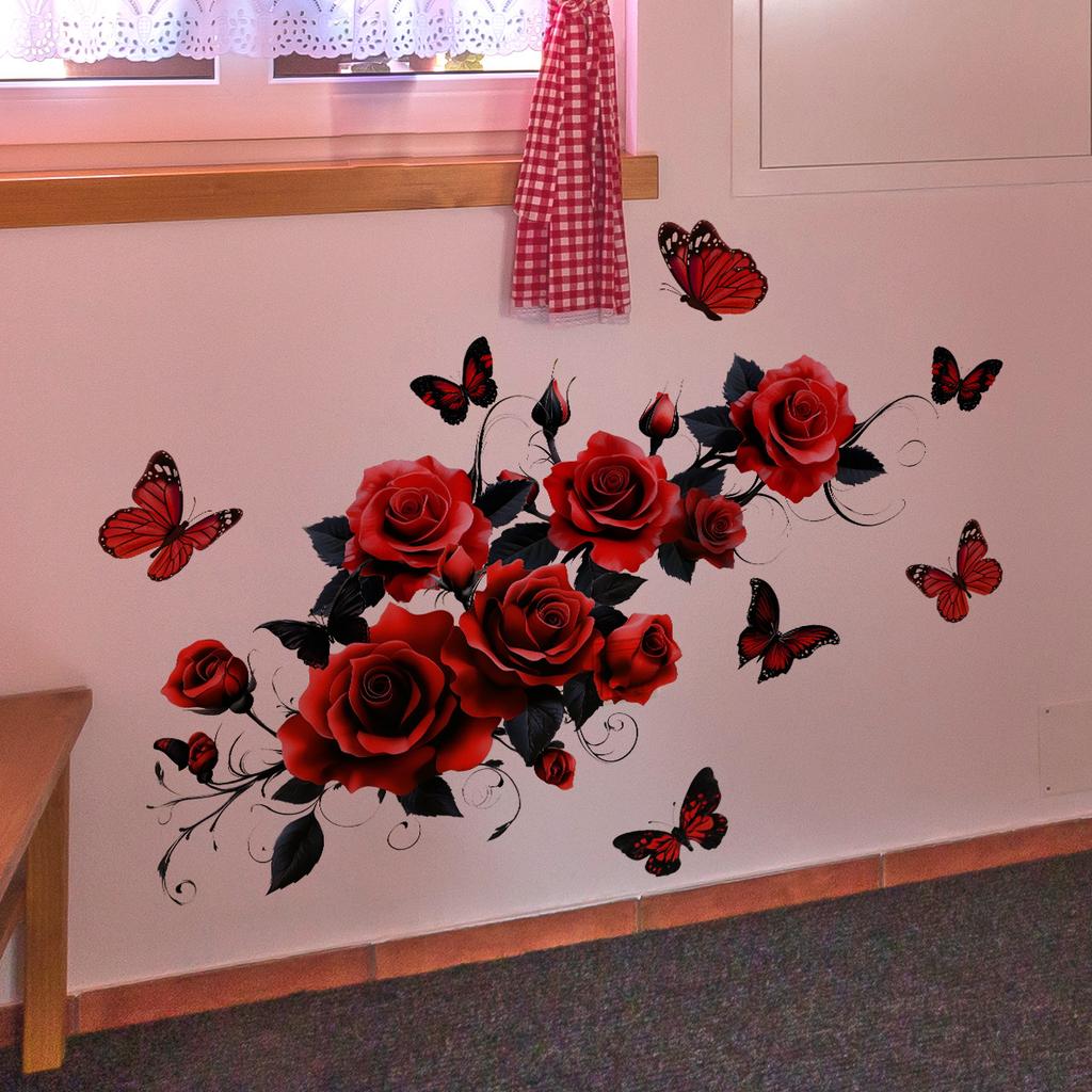 Valentine's Day Floral Wall Stickers, Rose Butterfly Decor, Living Room Bedroom Kids Room Holiday Background Wall Art