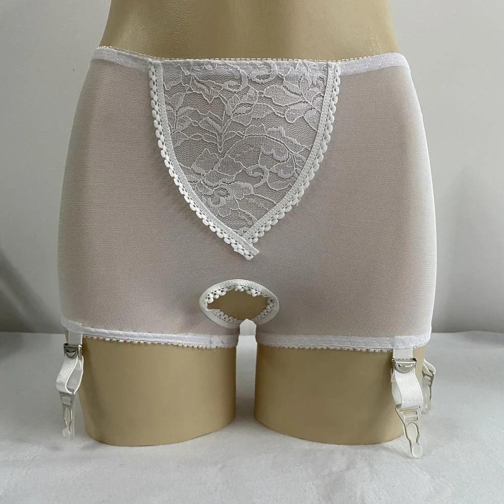 Seductive Her Crotchless Garter Knickers Botanical Pattern French Lace Open Weave 6 Straps Suspender Belt Sensual Boudoir Attire Sex Dance Sm Game