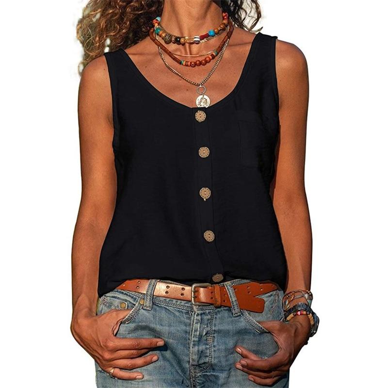 Summer New Solid Color V-neck Vest Button Sleeveless Pocket Tank Top Office Lady Commuter T-shirt Off Shoulder Simple Blouse