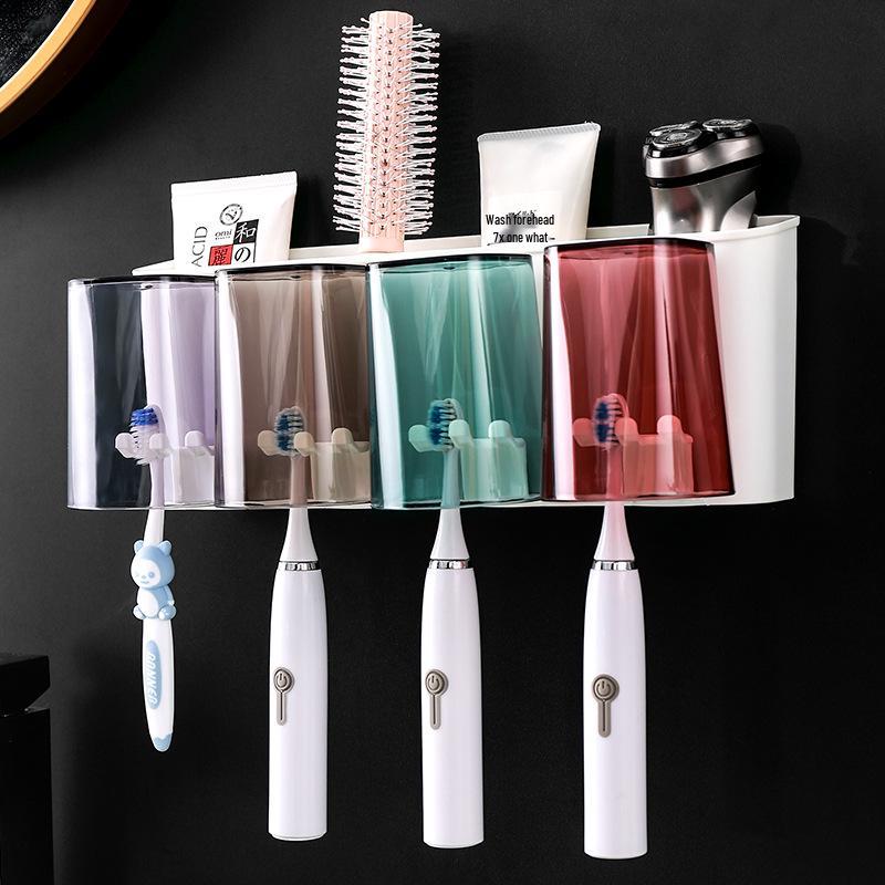 Wall-Mounted Multi-Toothbrush Holder with Punch-Free Base and Toothpaste Storage