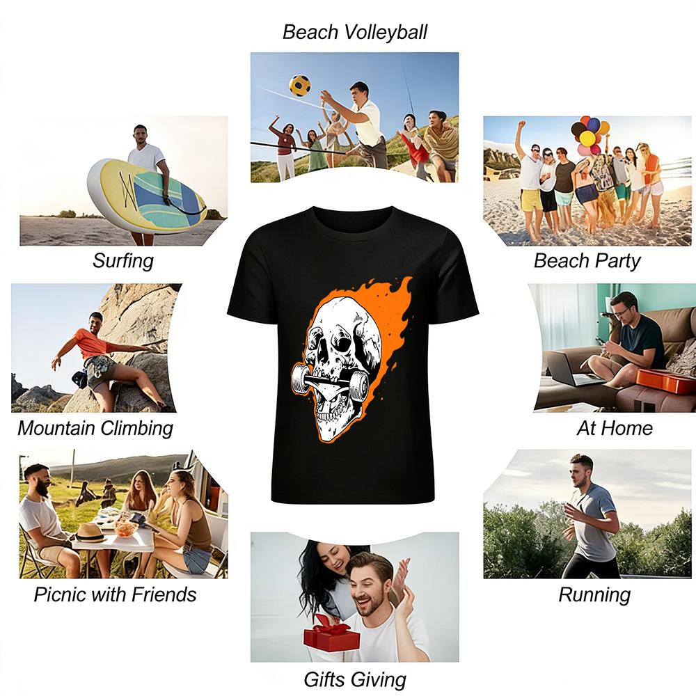 Flame Skull Biting Skateboard Street Style Cool Graphic Casual Top Pure Cotton T-shirt
