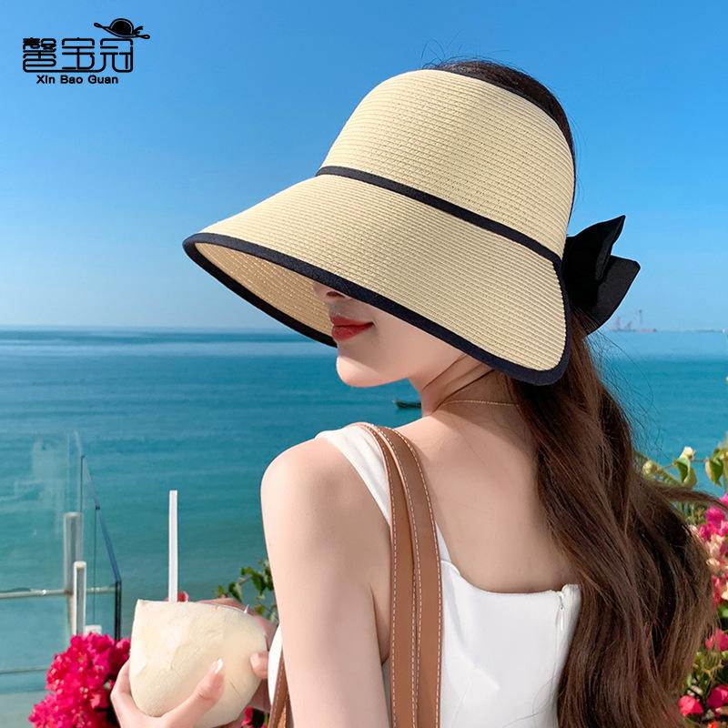 8480 Summer Sun Protection Visor Fashion Big Brim Empty Top Hat Children's Outdoor Foldable Beach Straw Sun Hat