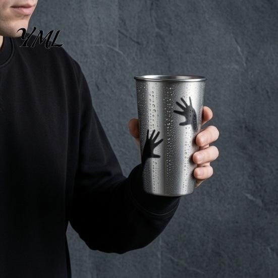 Gothic Style Metal Water Cup Thermochromic Color-Changing Cup, Horror Theme Cold Drink Spooky Prison Hand Design Mug Tumbler, Wide Mouth for Halloween