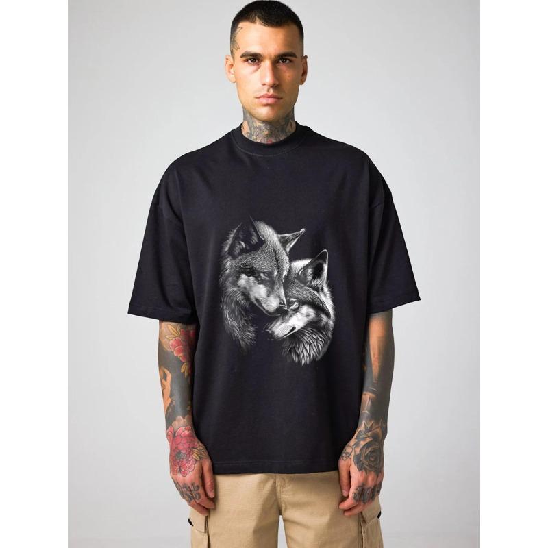 Oversized T-Shirt Black Wolf Couple Graphic Print Men Casual Streetwear Fashion Top