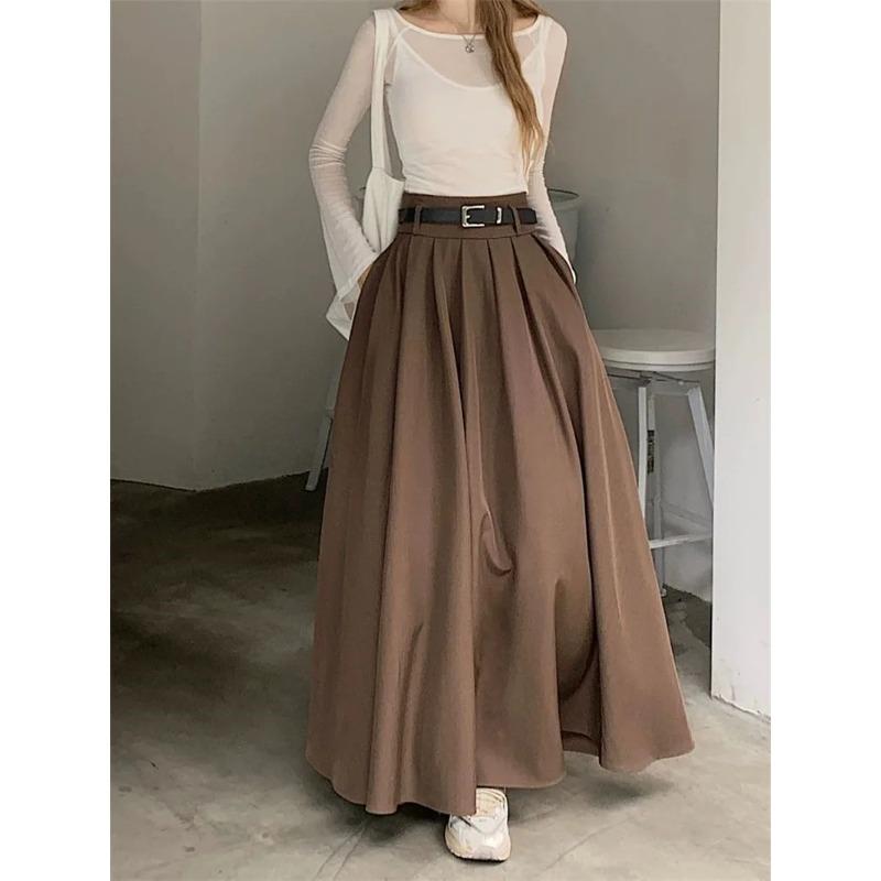 Women High Waist Jupe Korean Pleating Swing Skirt Vintage Fashion Spring Office Falda Holiday Loose Solid Long Skirt