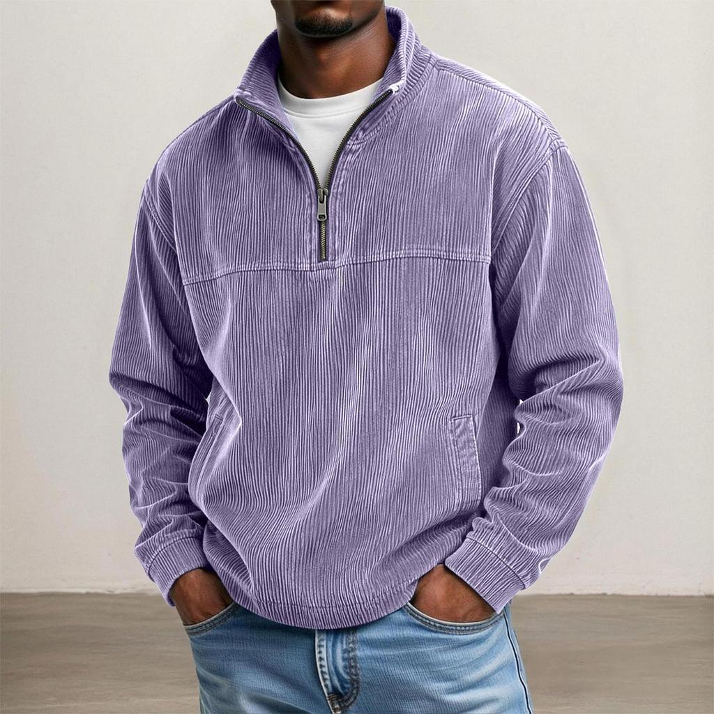 Men's Corduroy Zip-Up Sweatshirt Long Sleeve Casual Top with Pockets for Everyday Wear
