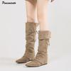 Fashion Autumn Winter Vintage Faux Suede Women Knee-high Boots Fashion Pleated Wedges Heeled Height Increasing Chelsea Long Boots Shoes