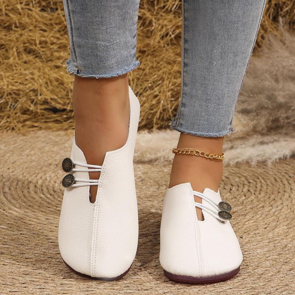 Damskie płaskie wsuwane buty z miękkiej skóry - Okrągły nosek, casualowe, plus size, kolekcja lato 2024.