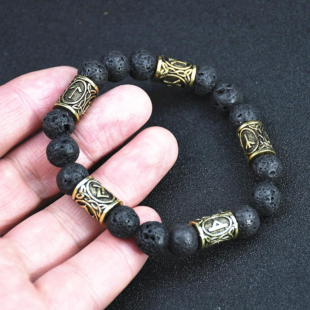 Viking Runes Jewelry Vintage Amulet Lava Stone Bracelet For Men Women Accessories Runas Vikingas Bangle with 5 rune beads
