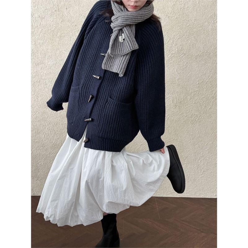Johnature Cardigan Lento Vintage a Maglia Grossa Stile Francese Maglione Donna Autunno Inverno Bottone a Leva Casual Versatile Giacche