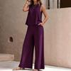 2026 Women's Solid Color Two-Piece Round-neck Blouse and Wide-leg Pants Set