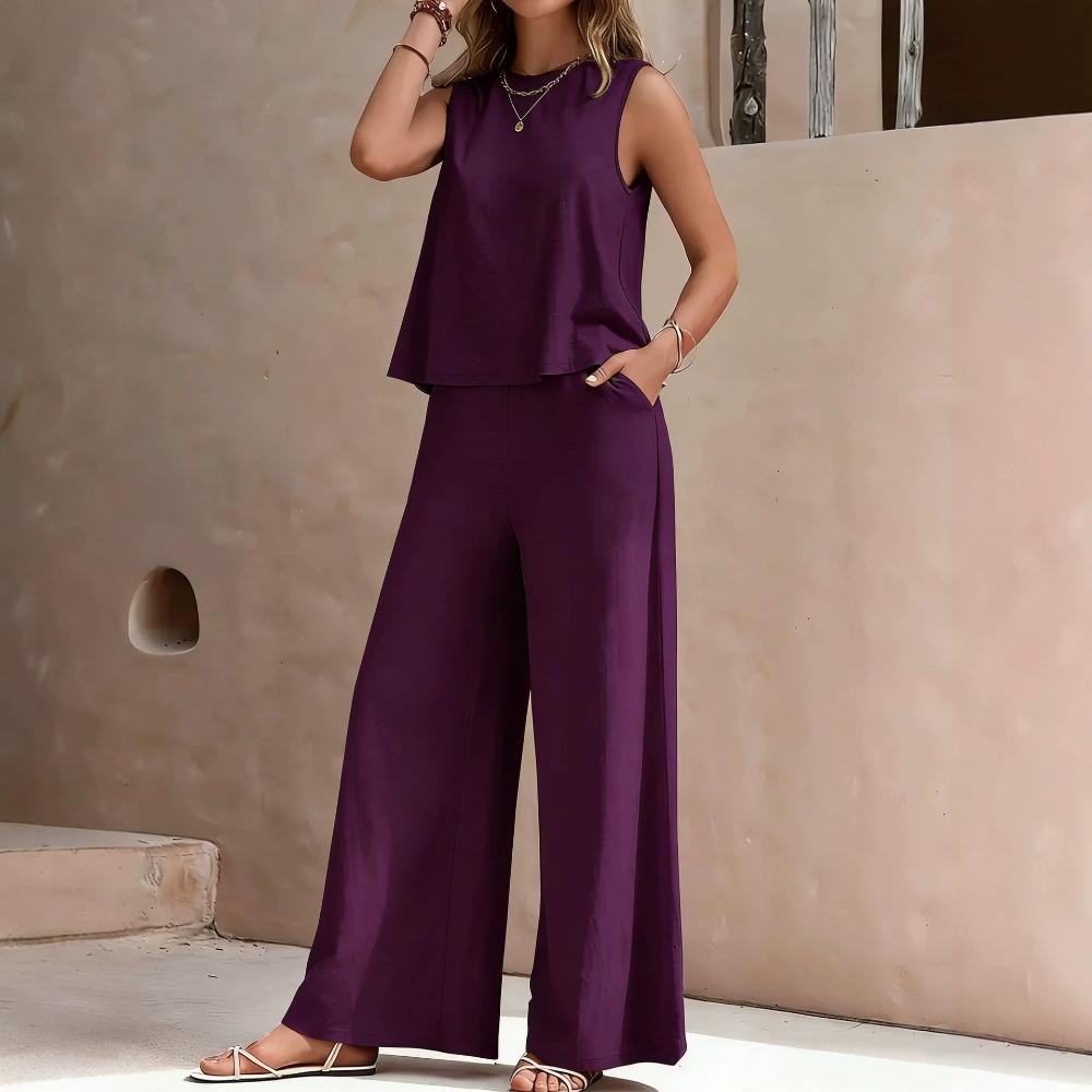2026 Women's Solid Color Two-Piece Round-neck Blouse and Wide-leg Pants Set