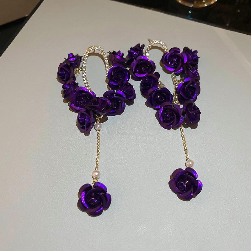 Super Flash Diamond Purple Flower Pearl Stud Earrings French Earrings