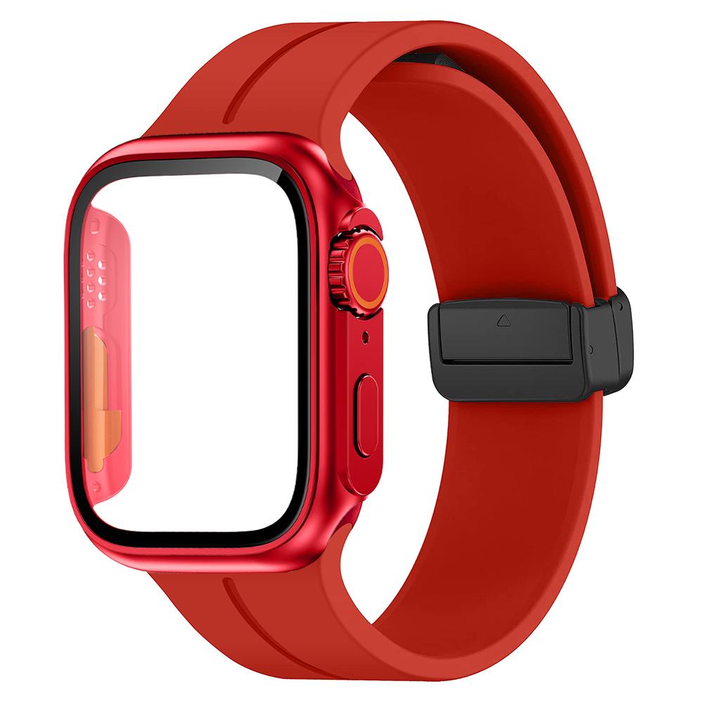 Glass+case+Strap For Apple Watch Band 44mm 45mm 41mm 40mm Magnetic Buckle Silicone Bracelet+cove iWatch Series 8 Se 7 6 5 4