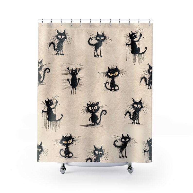Funny Long Cat Shower Curtain - Aesthetic Bathroom Decor, Cute & Funky Design for Cat Lovers, Retro Style