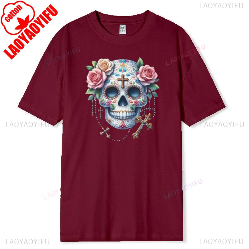 Skull Floral Print Unisex Graphic Tee for Music Lovers Streetwear Fashion Cotton Summer TShirt Short Sleeve Casual Breathable