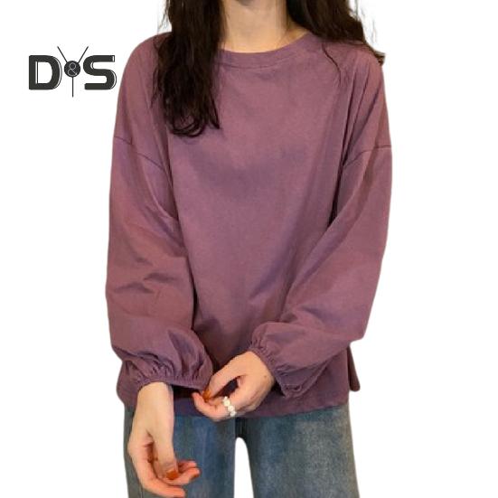 Women T-shirt Round Neck Lantern Long Sleeve Elastic Cuffs Tee Shirt Solid Color Loose Fit Pullover Tops Daily Wear